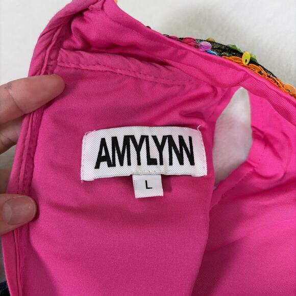 Amylynn Floral Sequined Mini Dress Size Large Pink w/Feather Trim Bnft Charity - Picture 10 of 12